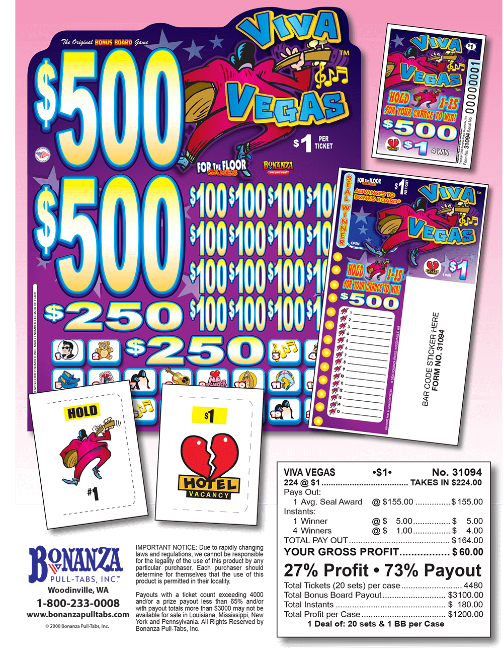 Viva Vegas 224ct Bonus Board Pull Tabs